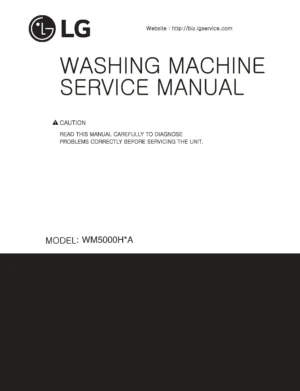 Lg wm5000hva wm5000hwa service manual cover with LG logo, service website path, washer model codes and service caution notice