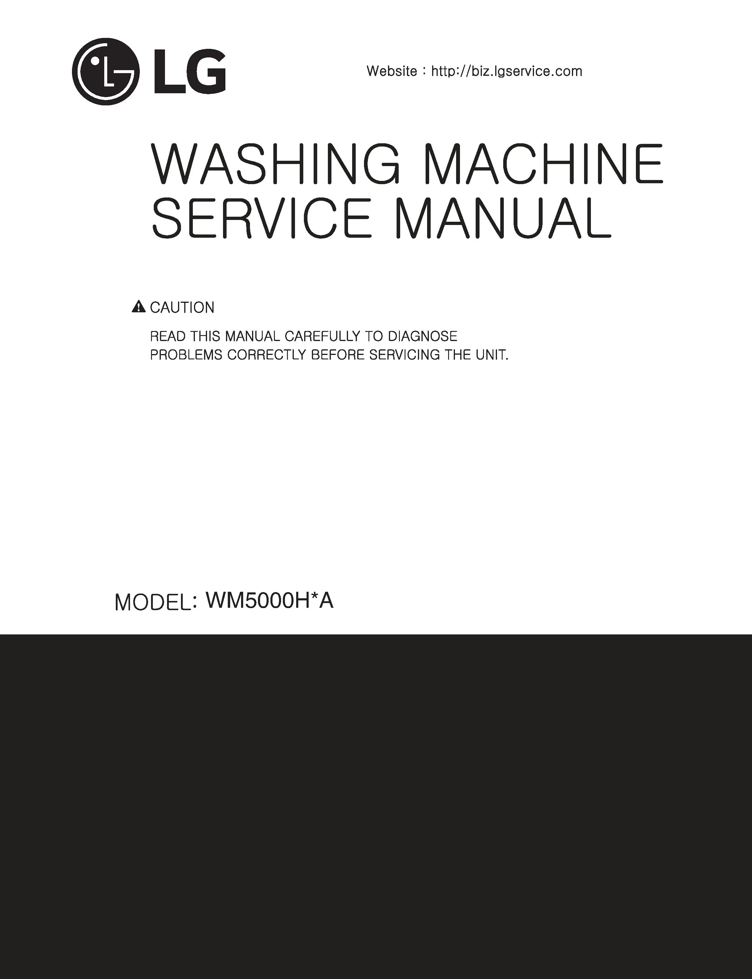 Lg wm5000hva wm5000hwa service manual cover with LG logo, service website path, washer model codes and service caution notice