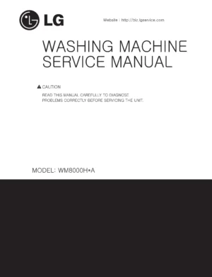 Lg wm8000hva wm8000hwa service manual cover with LG logo, service website path, washer model codes and service caution notice