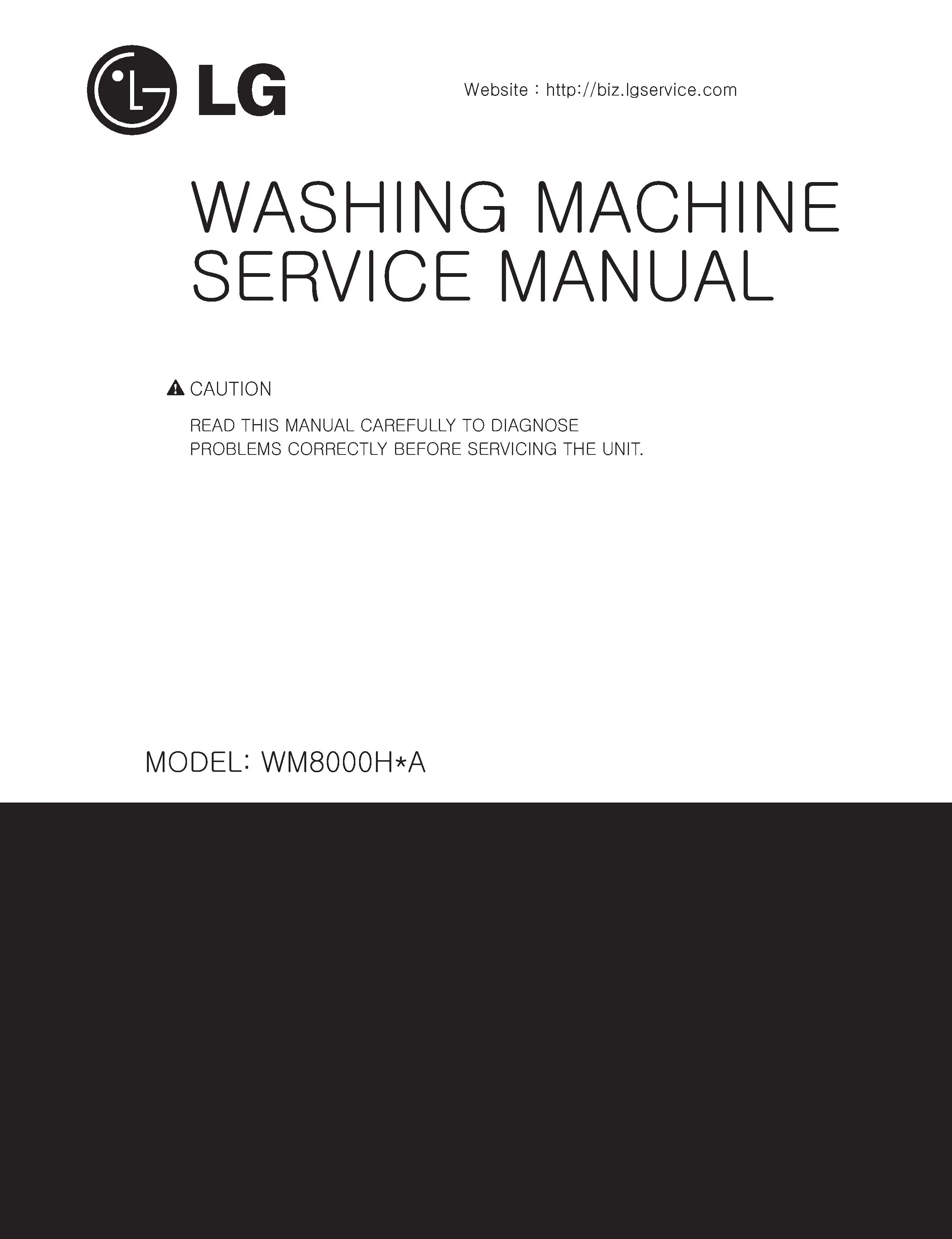 Lg wm8000hva wm8000hwa service manual cover with LG logo, service website path, washer model codes and service caution notice