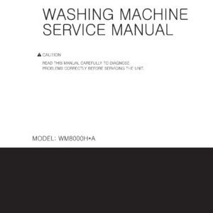 Lg wm8000hwa service manual cover with LG logo, service website path, washer model codes and service caution notice