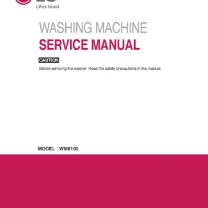 Lg wm8100hva wm8100hwa service manual cover with LG logo, service website path, washer model codes and service caution notice