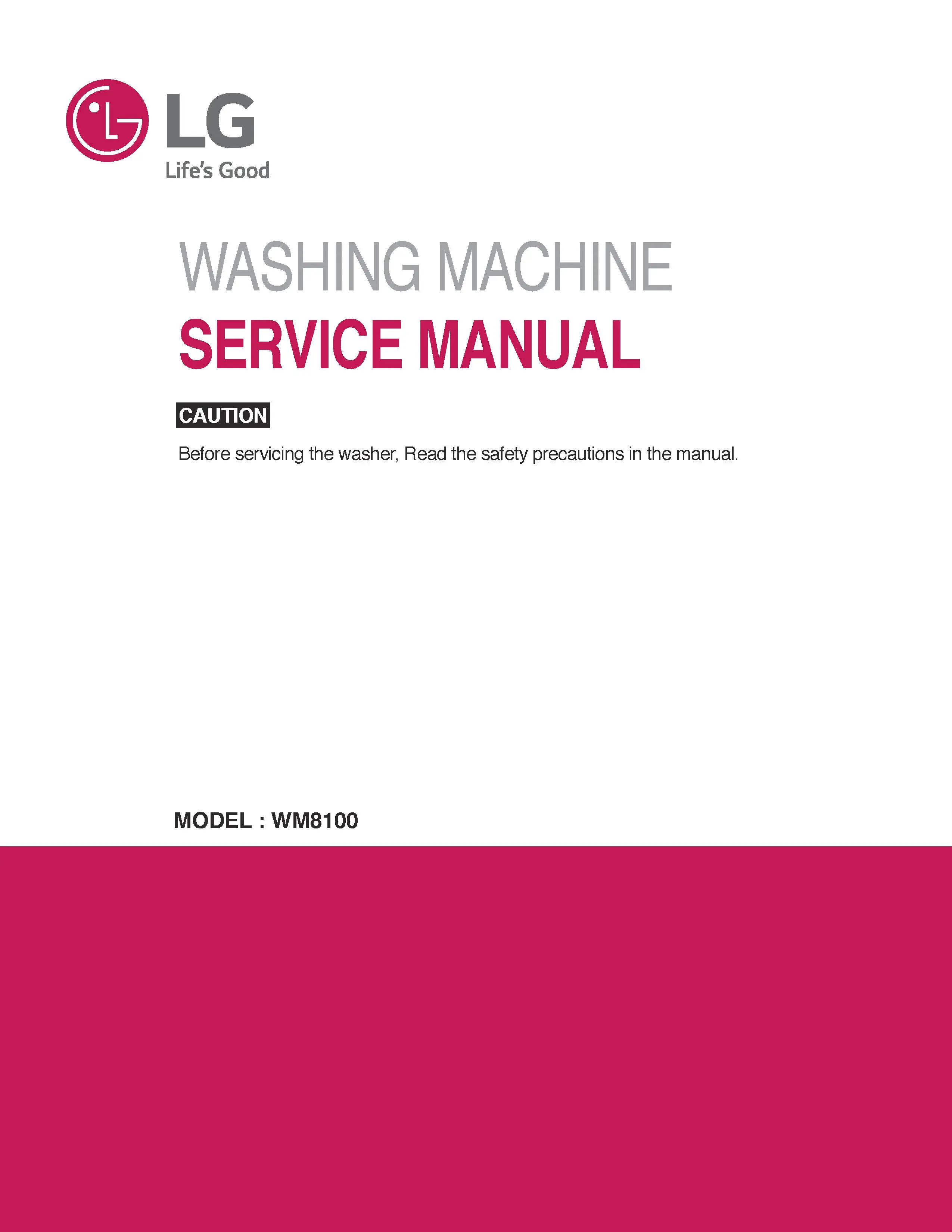 Lg wm8100hva wm8100hwa service manual cover with LG logo, service website path, washer model codes and service caution notice