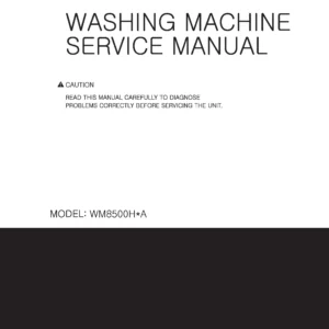 Lg wm8500h wm8500hwa wm8500hva service manual cover with LG logo, service website path, washer model codes and service caution notice