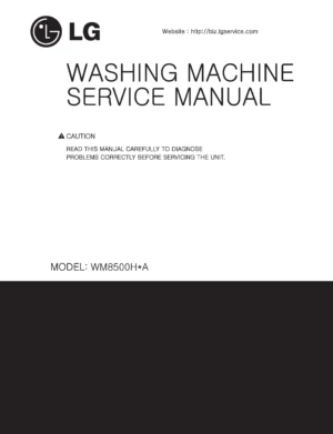 Lg wm8500h wm8500hwa wm8500hva service manual cover with LG logo, service website path, washer model codes and service caution notice