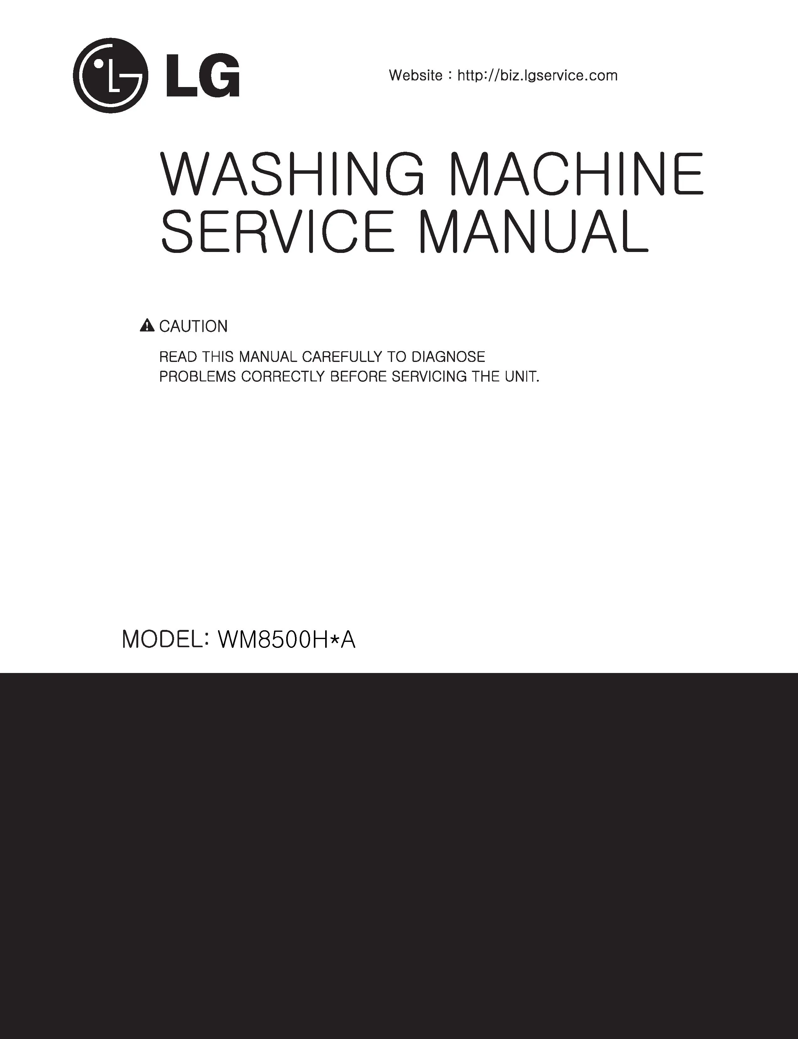 Lg wm8500h wm8500hwa wm8500hva service manual cover with LG logo, service website path, washer model codes and service caution notice