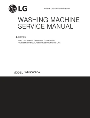 Lg wm9000hva wm9000hwa service manual cover with LG logo, service website path, washer model codes and service caution notice