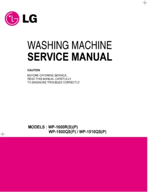 Lg wp 1500qs service manual cover with LG logo, service website path, washer model codes and service caution notice