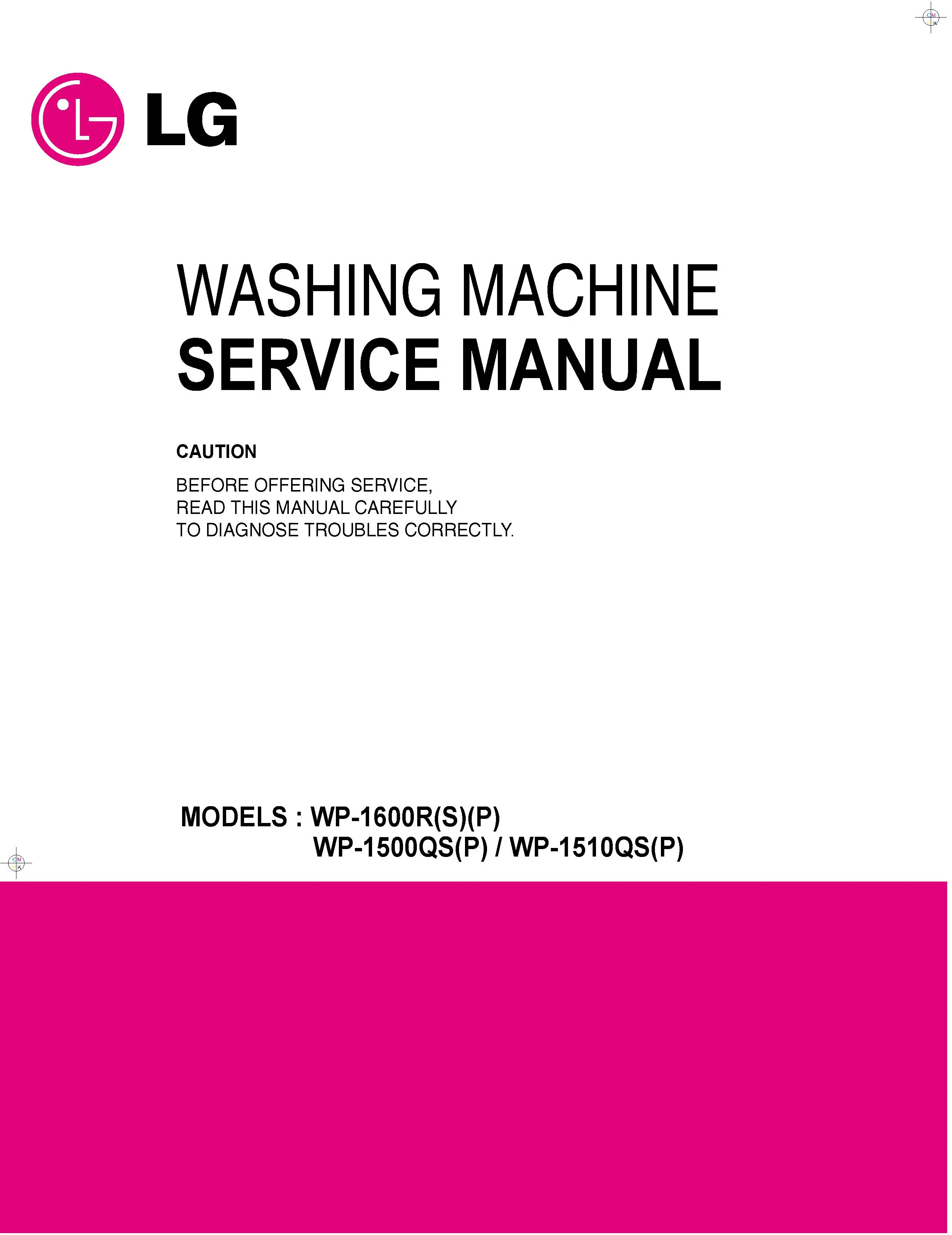 Lg wp 1500qs service manual cover with LG logo, service website path, washer model codes and service caution notice