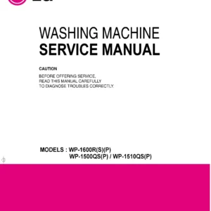 Lg wp 1500qsp service manual cover with LG logo, service website path, washer model codes and service caution notice
