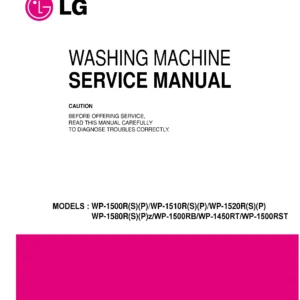 Lg wp 1500rs service manual cover with LG logo, service website path, washer model codes and service caution notice