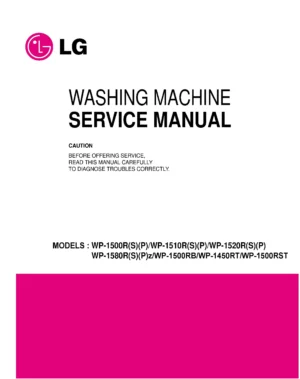 Lg wp 1500rs service manual cover with LG logo, service website path, washer model codes and service caution notice