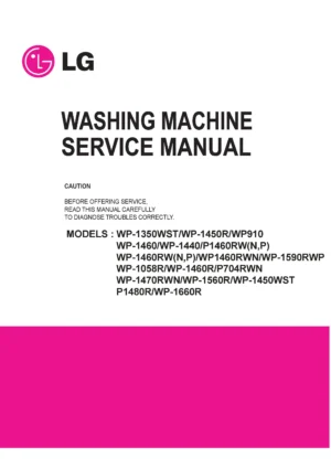 Lg wp 1560r service manual cover with LG logo, service website path, washer model codes and service caution notice