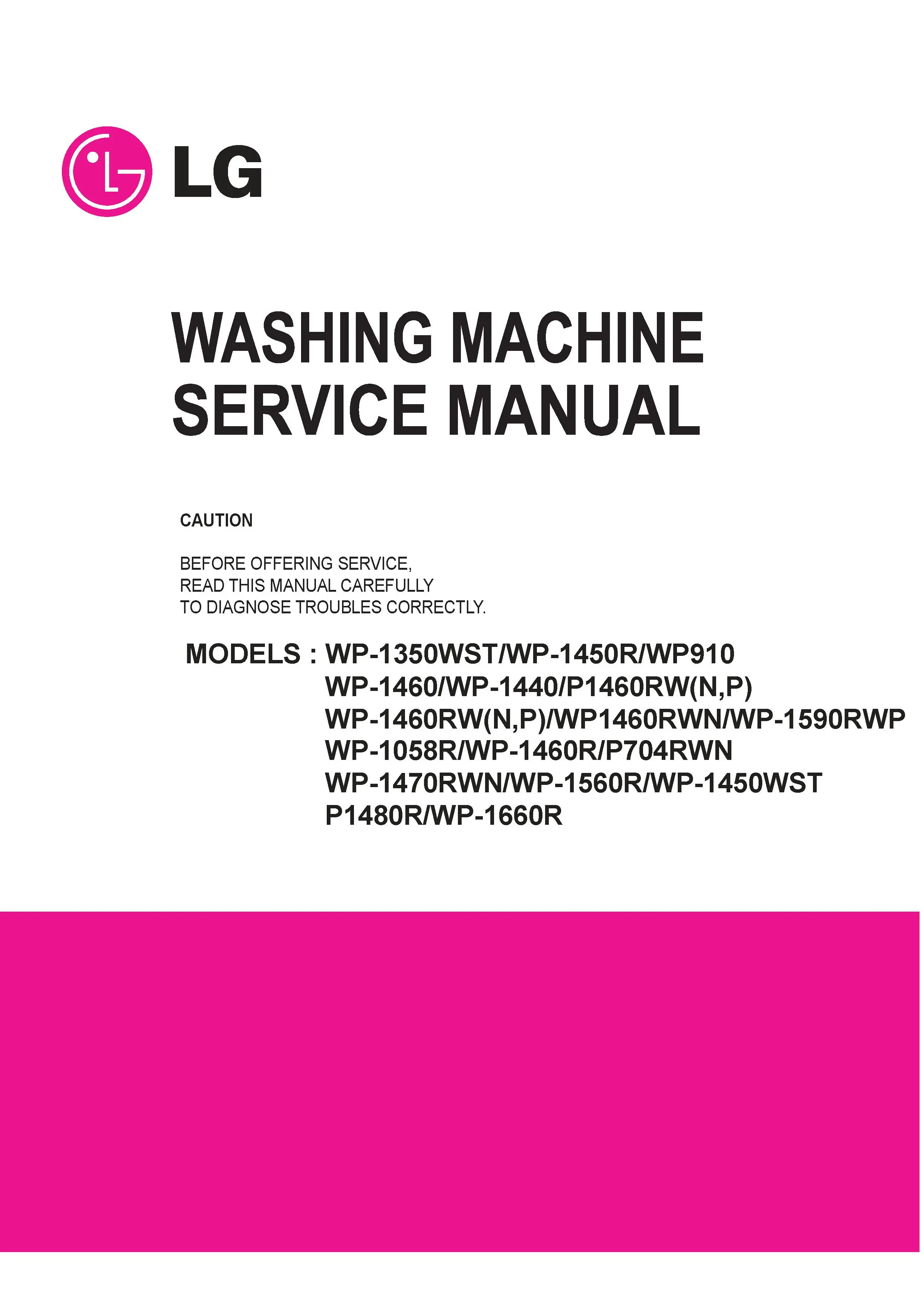 Lg wp 1560r service manual cover with LG logo, service website path, washer model codes and service caution notice