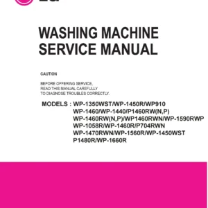 Lg wp 1660r service manual cover with LG logo, service website path, washer model codes and service caution notice