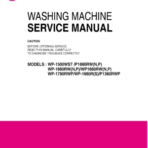 Lg wp 1660rs service manual cover with LG logo, service website path, washer model codes and service caution notice
