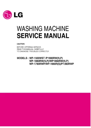 Lg wp 1660rs service manual cover with LG logo, service website path, washer model codes and service caution notice