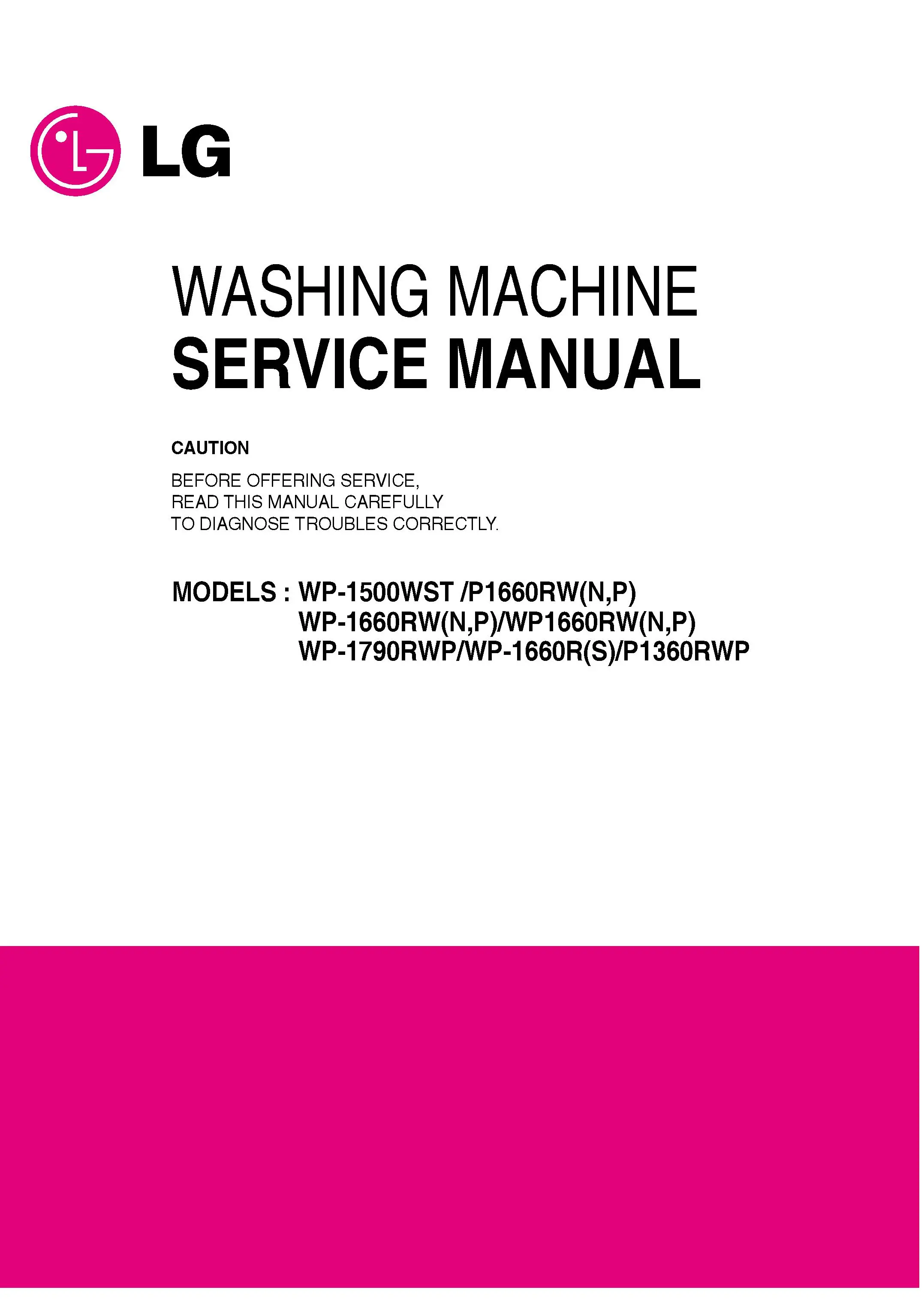Lg wp 1660rs service manual cover with LG logo, service website path, washer model codes and service caution notice