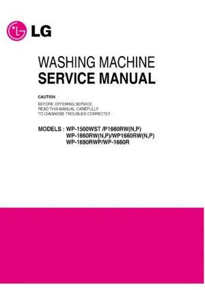 Lg wp 1660rwn service manual cover with LG logo, service website path, washer model codes and service caution notice