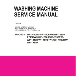Lg wp 1960r service manual cover with LG logo, service website path, washer model codes and service caution notice
