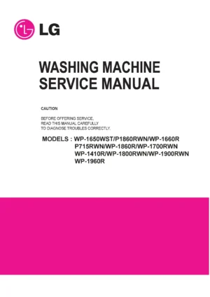 Lg wp 1960r service manual cover with LG logo, service website path, washer model codes and service caution notice