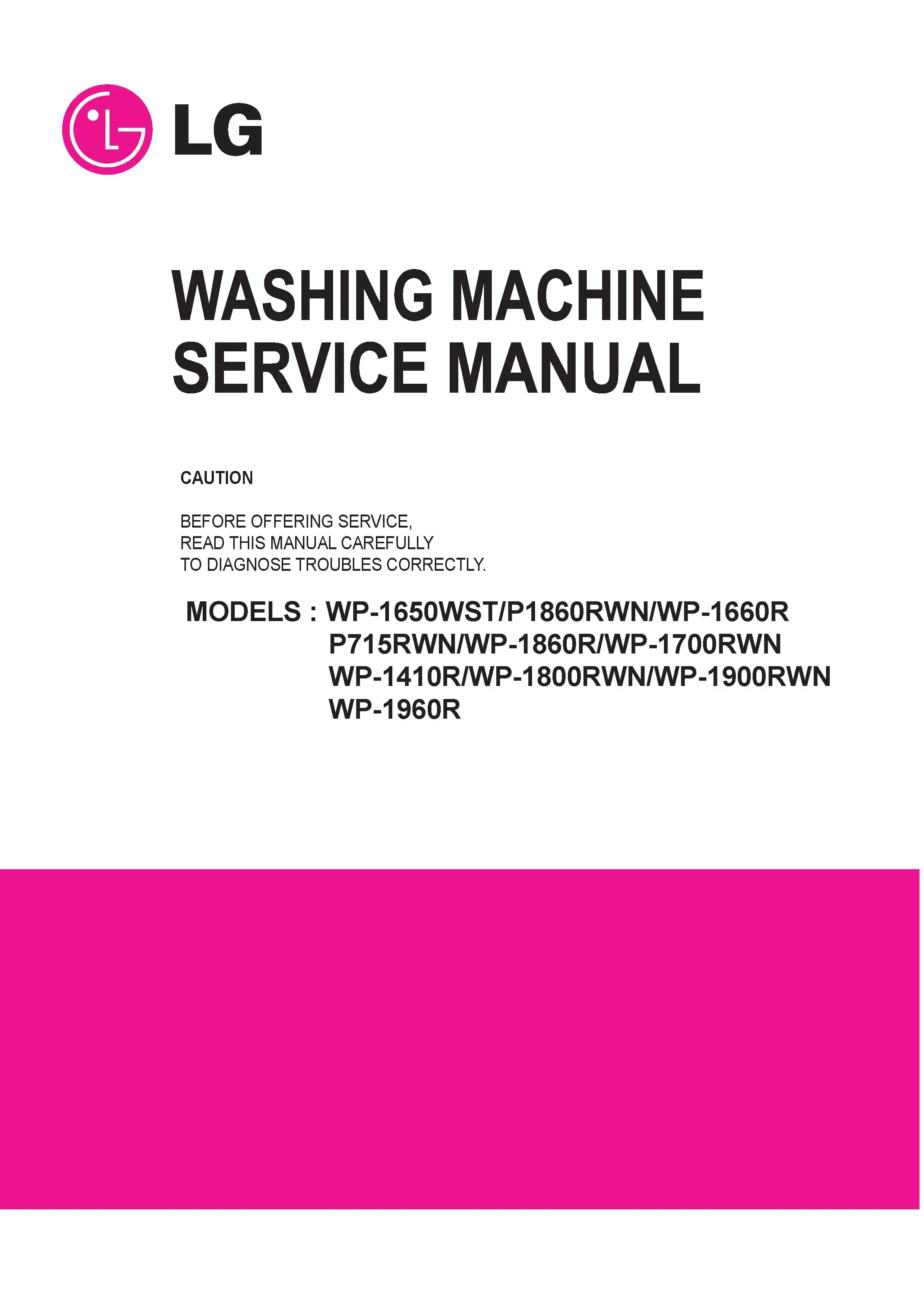Lg wp 1960r service manual cover with LG logo, service website path, washer model codes and service caution notice