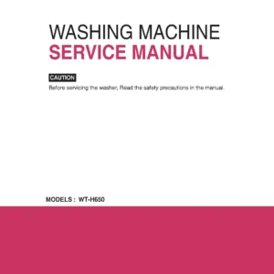 Lg wt h650 service manual cover with LG logo, service website path, washer model codes and service caution notice