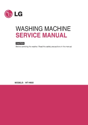 Lg wt h650 service manual cover with LG logo, service website path, washer model codes and service caution notice
