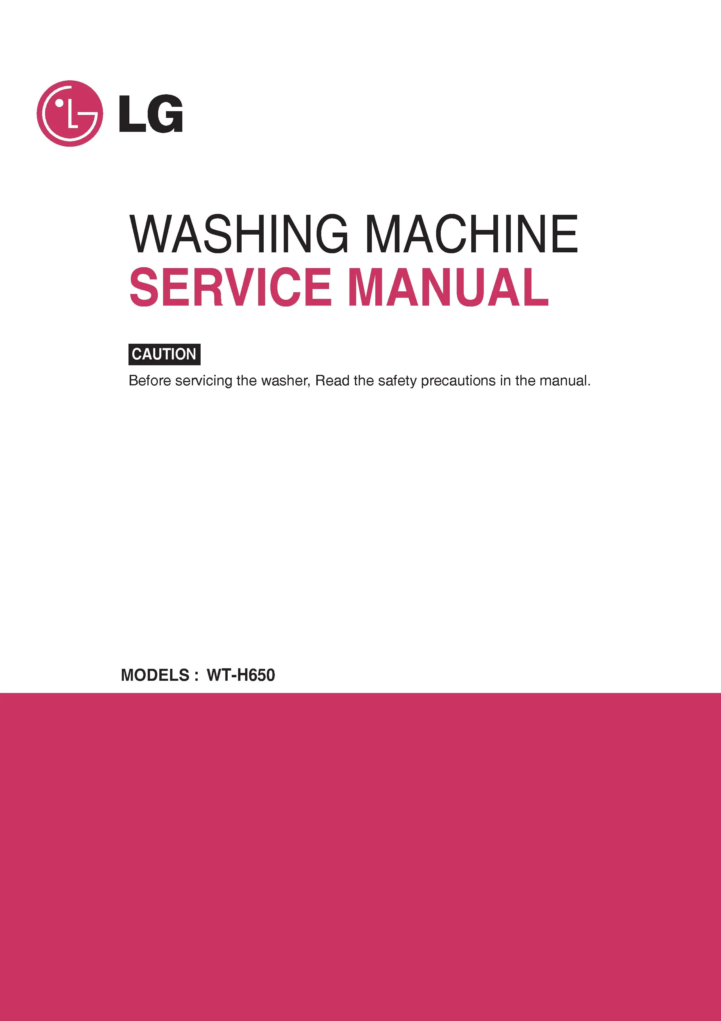 Lg wt h650 service manual cover with LG logo, service website path, washer model codes and service caution notice