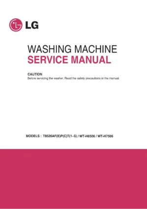 Lg wt h6506 service manual cover with LG logo, service website path, washer model codes and service caution notice
