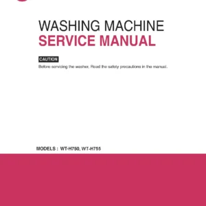 Lg wt h750 h755 service manual cover with LG logo, service website path, washer model codes and service caution notice