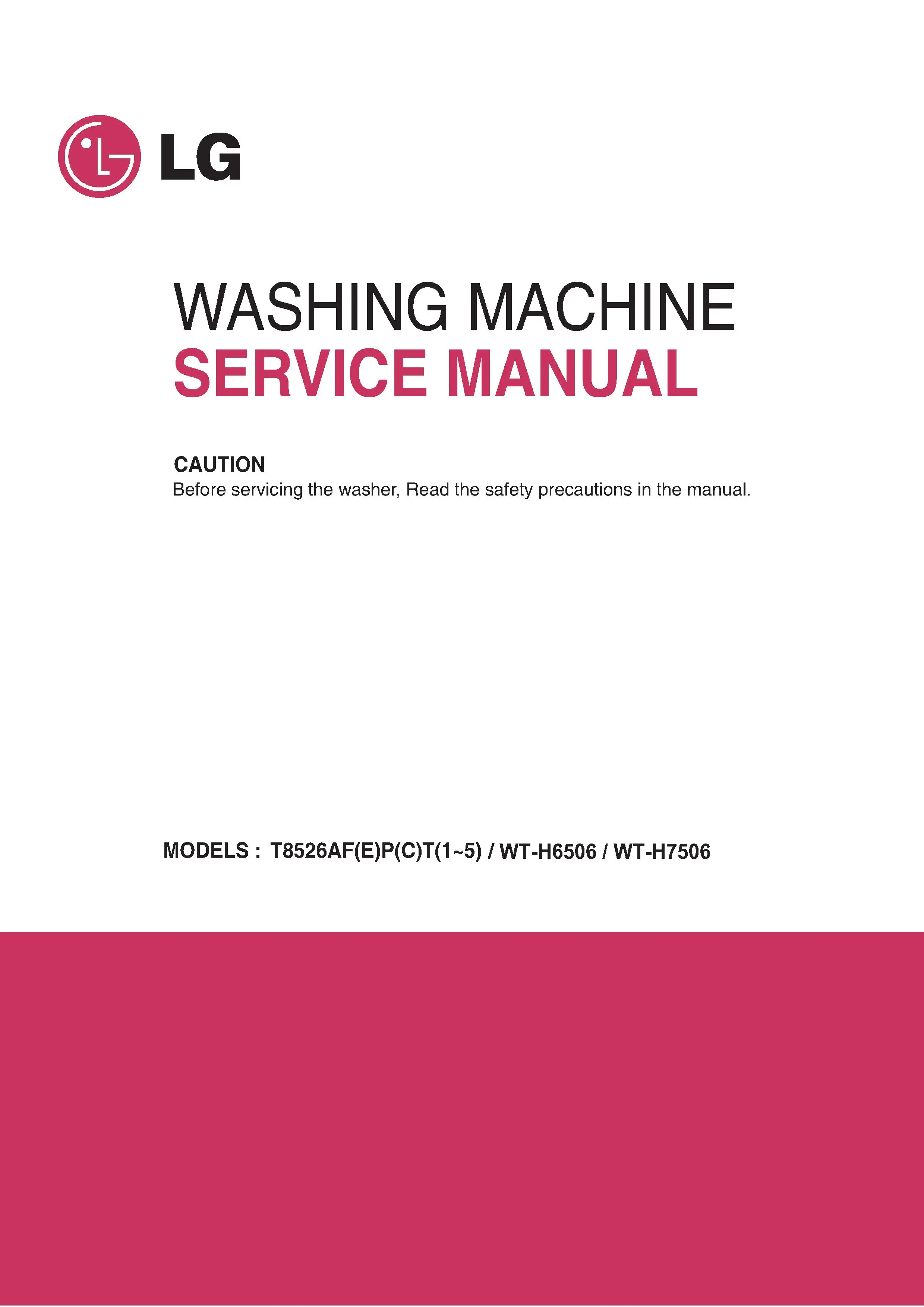 Lg wt h7506 h6506 service manual cover with LG logo, service website path, washer model codes and service caution notice
