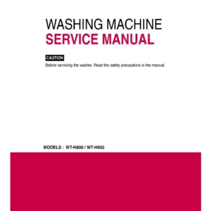 Lg wt h800 service manual cover with LG logo, service website path, washer model codes and service caution notice