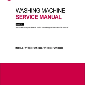 Lg wt h8006 service manual cover with LG logo, service website path, washer model codes and service caution notice