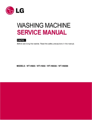 Lg wt h8006 service manual cover with LG logo, service website path, washer model codes and service caution notice