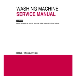 Lg wt h950 service manual cover with LG logo, service website path, washer model codes and service caution notice
