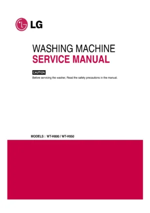 Lg wt h950 service manual cover with LG logo, service website path, washer model codes and service caution notice