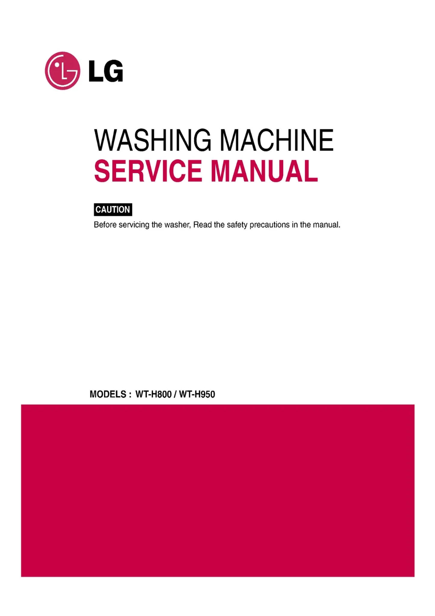 Lg wt h950 service manual cover with LG logo, service website path, washer model codes and service caution notice