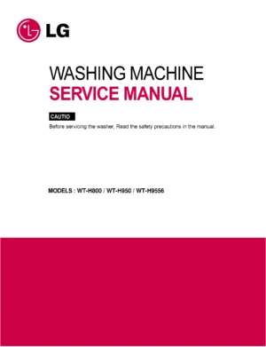Lg wt h9556 service manual cover with LG logo, service website path, washer model codes and service caution notice