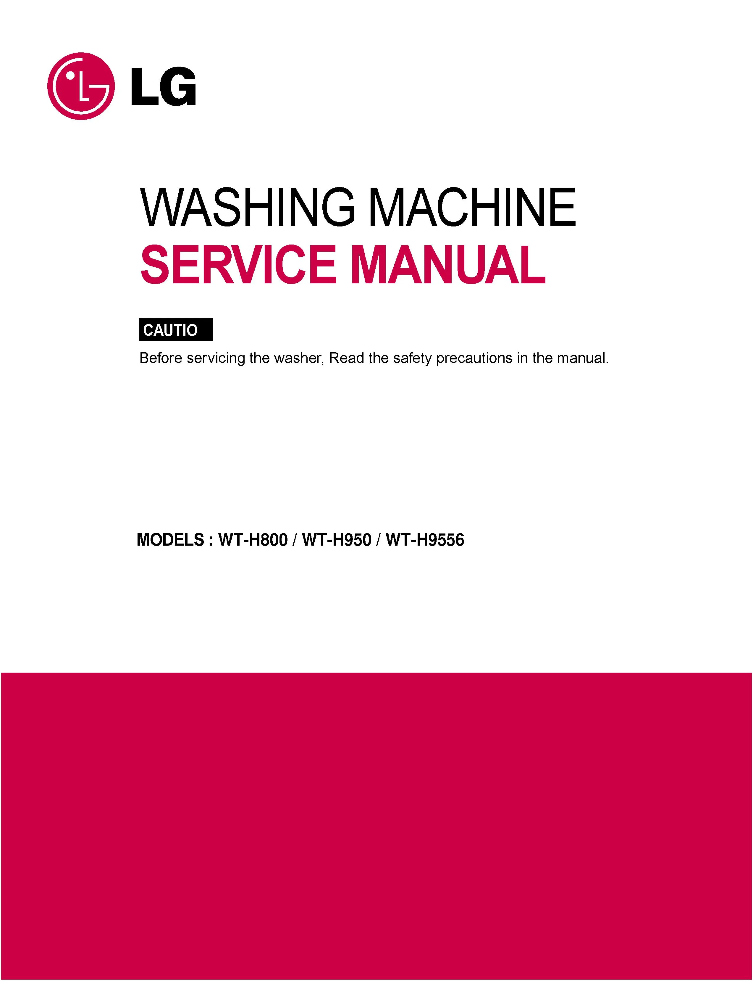 Lg wt h9556 service manual cover with LG logo, service website path, washer model codes and service caution notice
