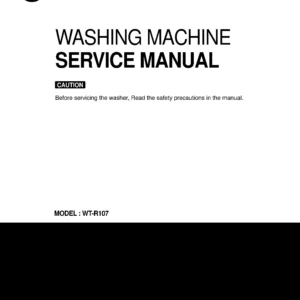 Lg wt r107 service manual cover with LG logo, service website path, washer model codes and service caution notice