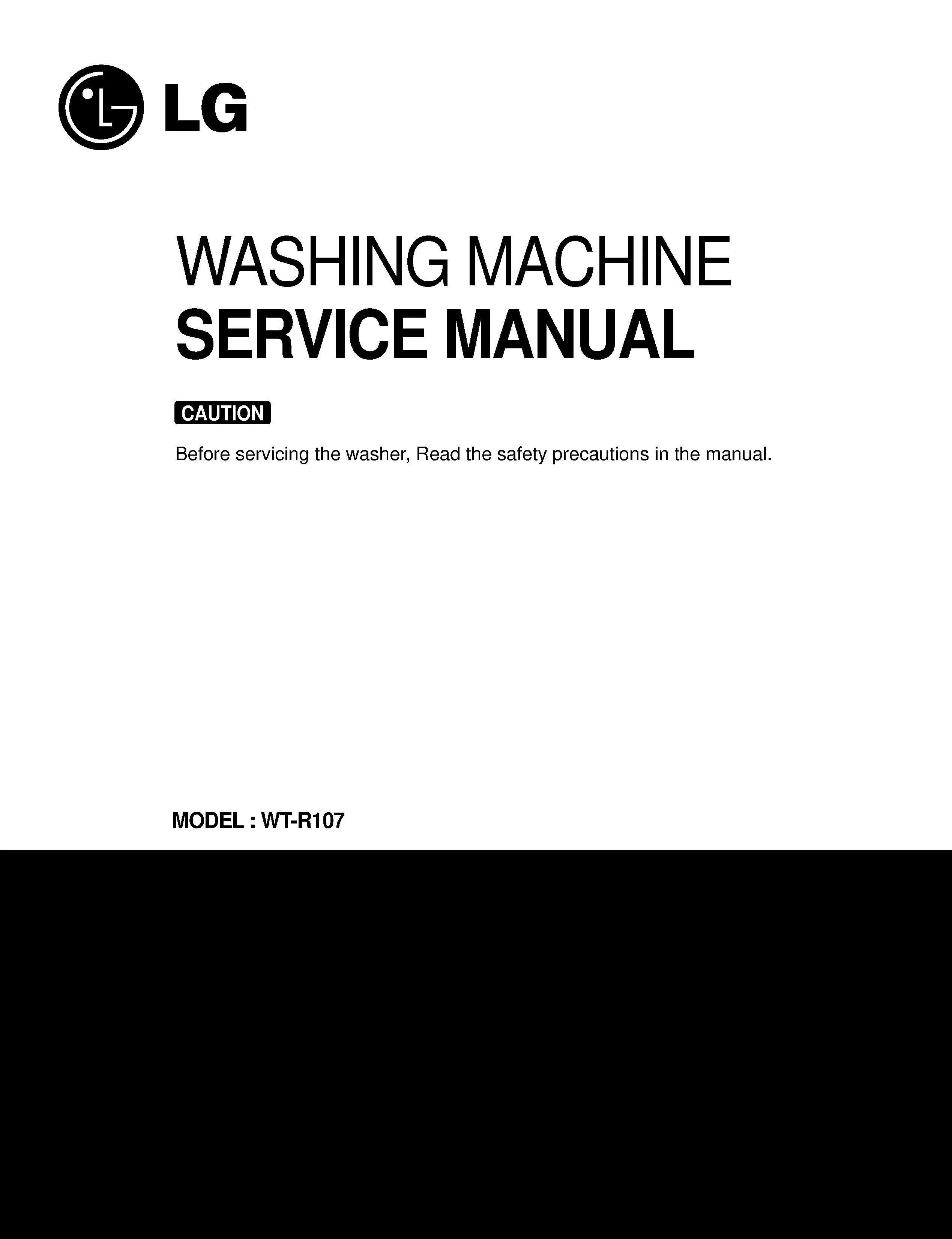 Lg wt r107 service manual cover with LG logo, service website path, washer model codes and service caution notice