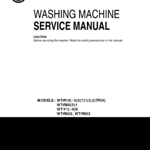 Lg wt r1071tp service manual cover with LG logo, service website path, washer model codes and service caution notice