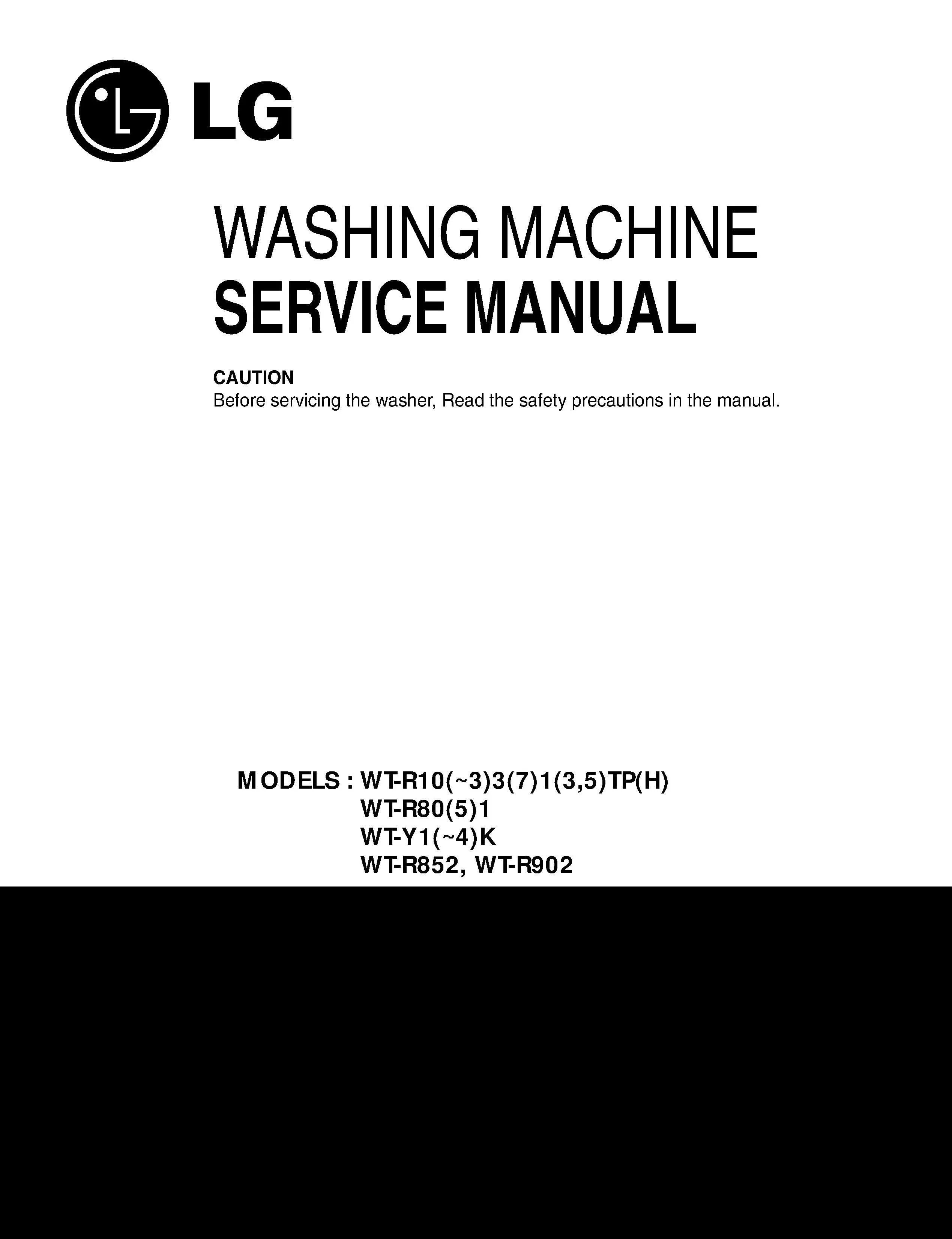 Lg wt r1071tp service manual cover with LG logo, service website path, washer model codes and service caution notice