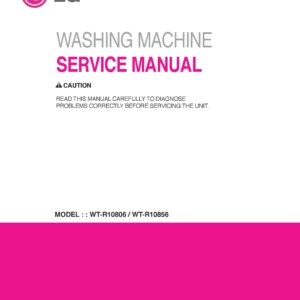 Lg wt r10806 r10856 service manual cover with LG logo, service website path, washer model codes and service caution notice