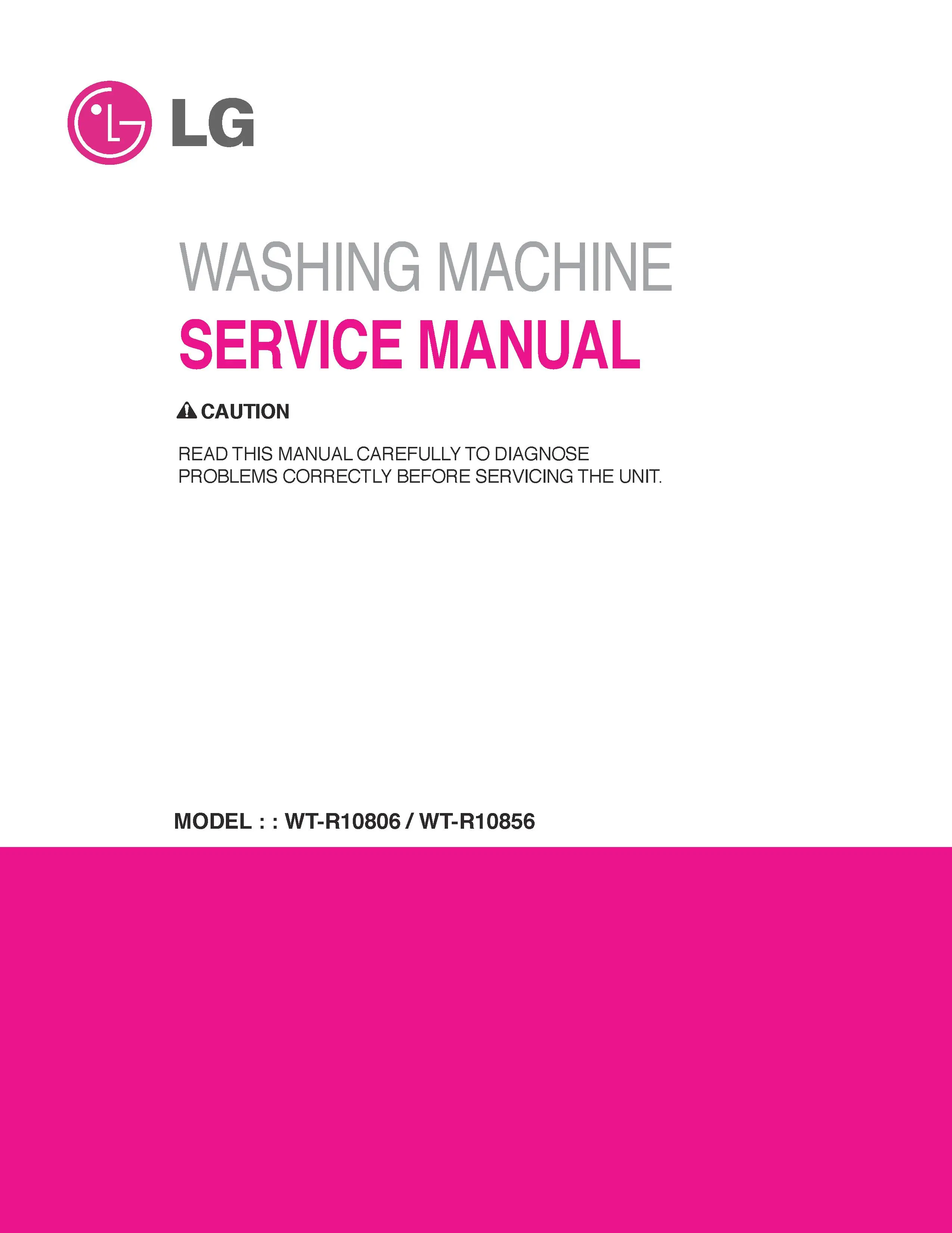 Lg wt r10856 service manual cover with LG logo, service website path, washer model codes and service caution notice