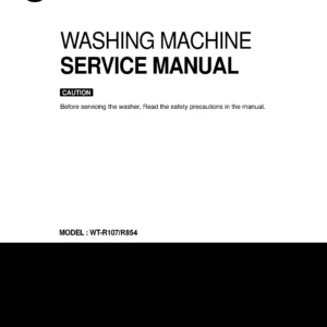 Lg wt r854 r107 service manual cover with LG logo, service website path, washer model codes and service caution notice