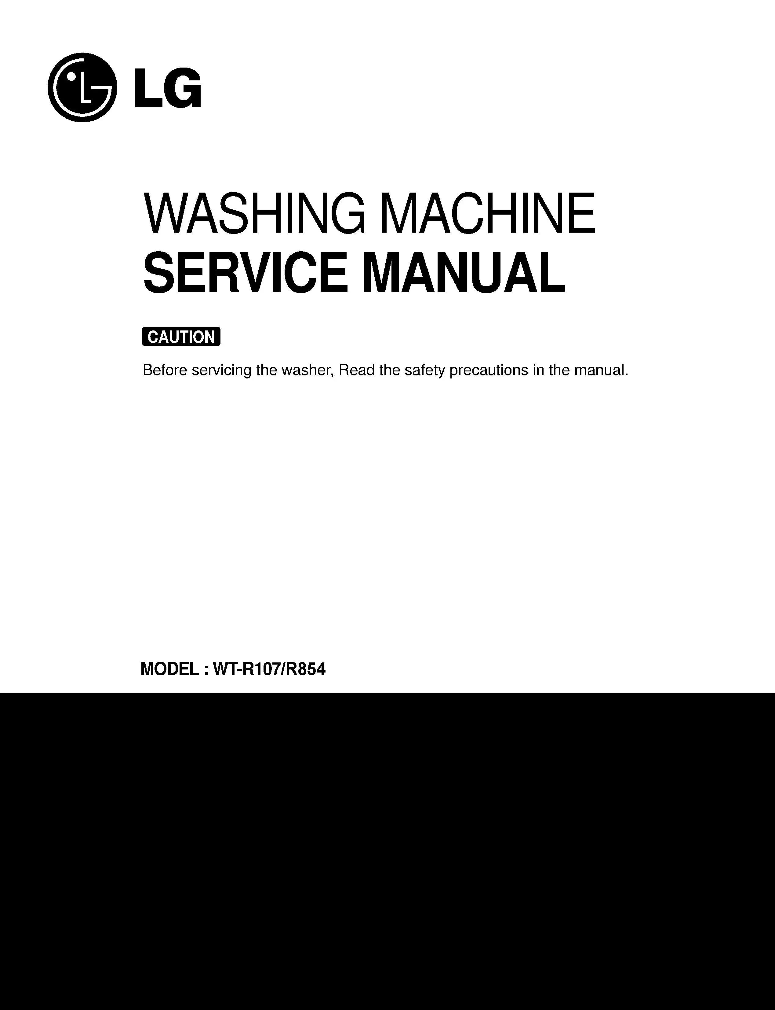 Lg wt r854 r107 service manual cover with LG logo, service website path, washer model codes and service caution notice