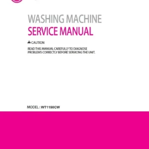 Lg wt1150cw service manual cover with LG logo, service website path, washer model codes and service caution notice