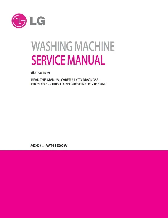 Lg wt1150cw service manual cover with LG logo, service website path, washer model codes and service caution notice